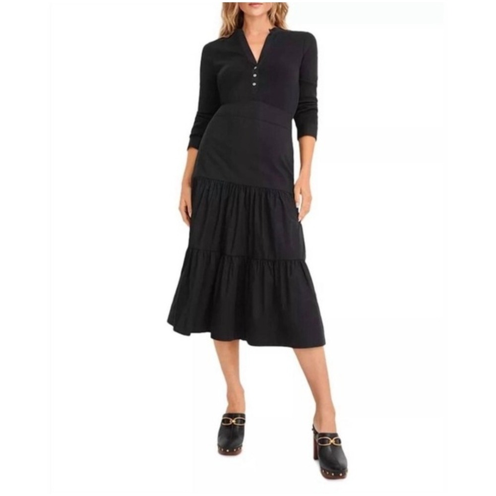 Veronica Beard Peralta Black Mixed Media Tiered Midi Dress Pima Cotton Small